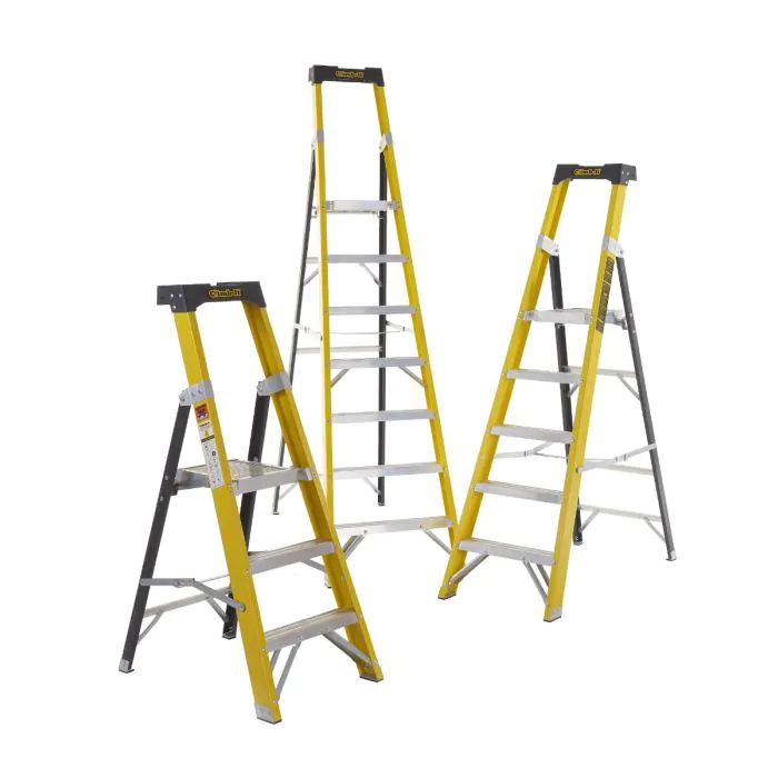three glass fibre platform step ladders